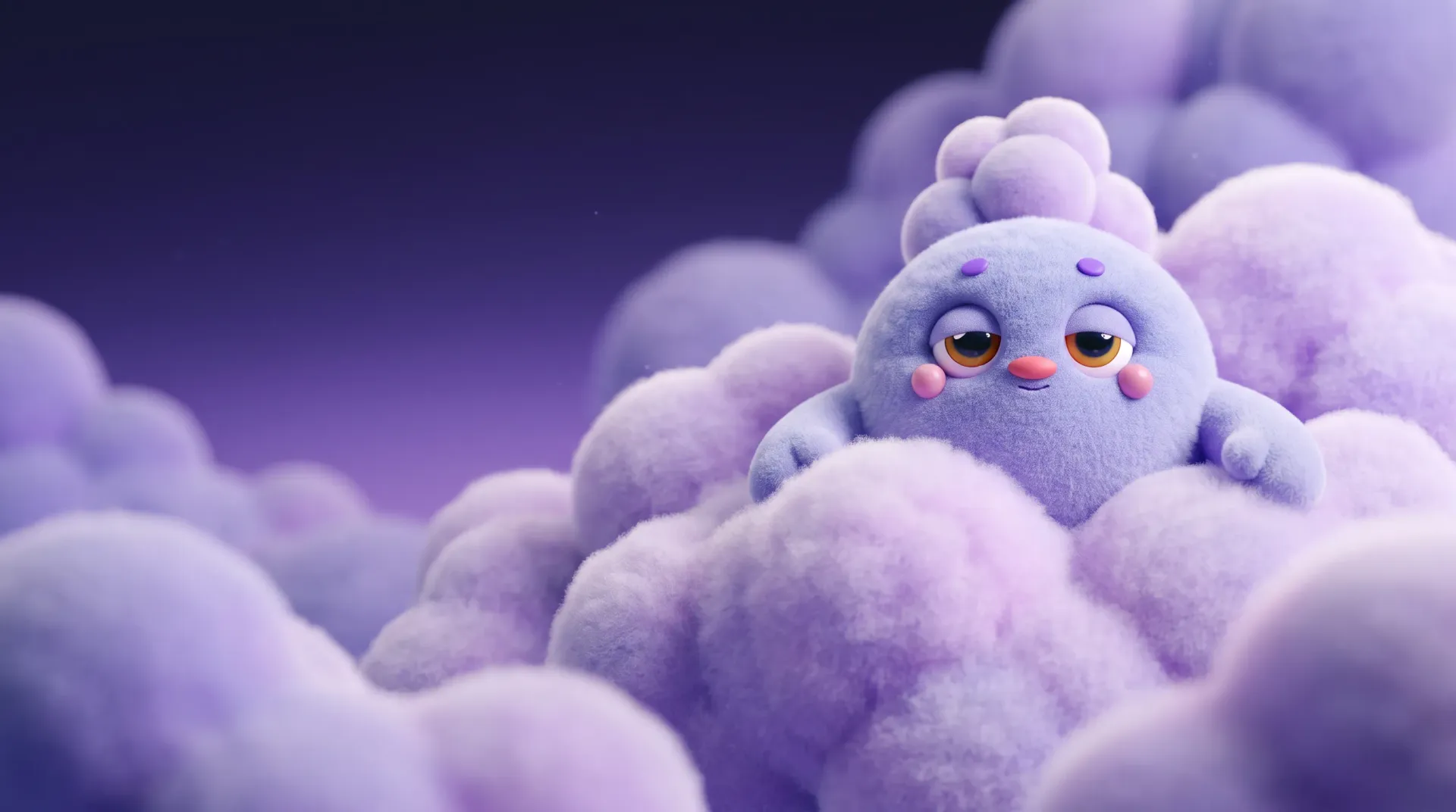 A soft-faced cloud character resting in a violet dusk.