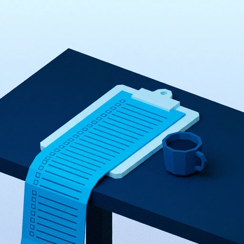 A clipboard with a very long checklist and a cold coffee cup, as a blue miniature model.