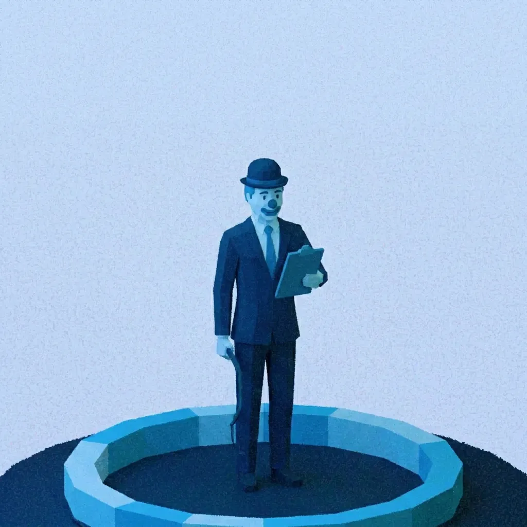 A clown in a business suit working as a ringmaster, holding a clipboard, as a blue miniature model.