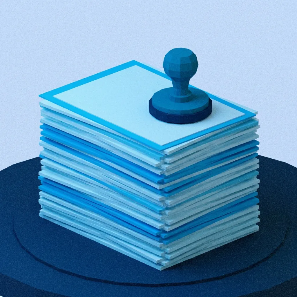 A tall stack of certificates and forms with a rubber stamp on top, as a blue miniature model.