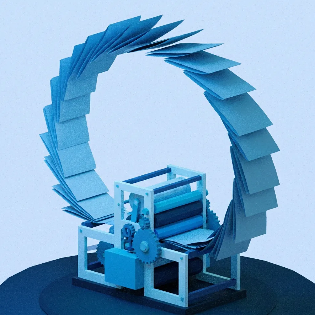 A newspaper printing press with blank papers arcing out of it, as a blue miniature model.