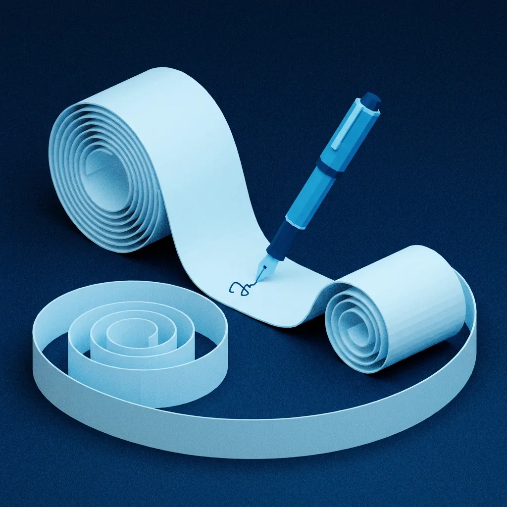 A fountain pen signing an endless paper form that coils across the ground, as a blue miniature model.