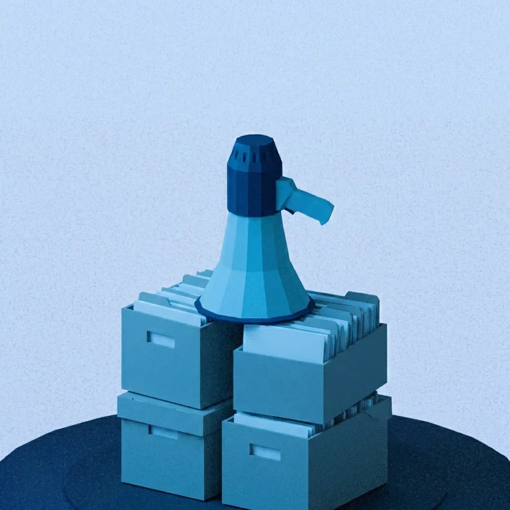 A megaphone standing on a pile of filing boxes, as a blue miniature model.