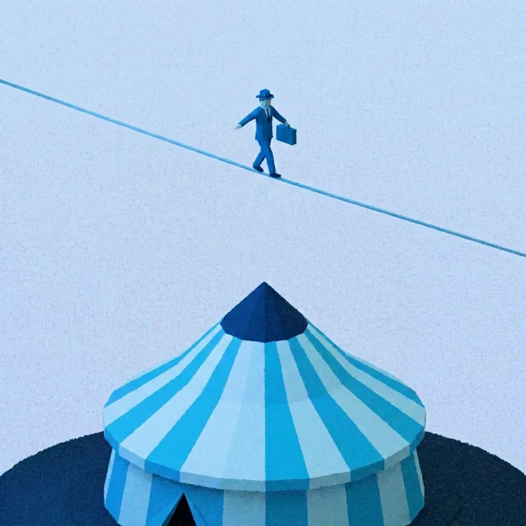 A tightrope walker in a business suit crossing a high wire above a circus tent, as a blue miniature model.