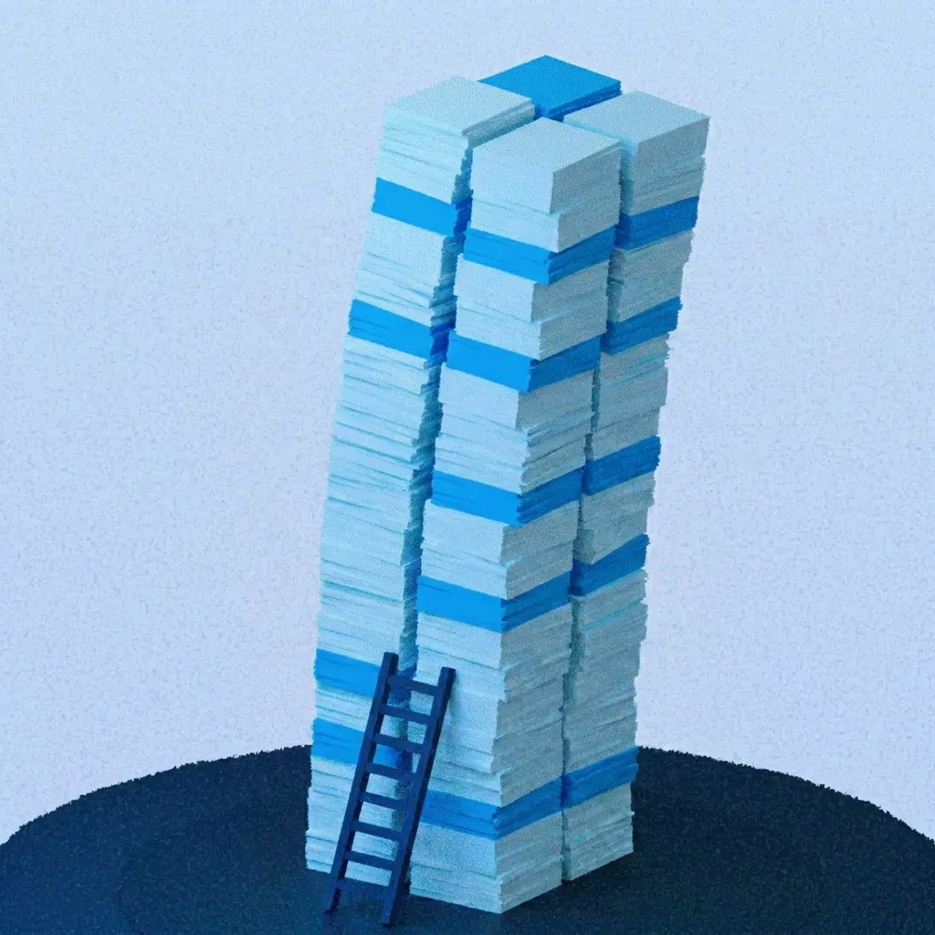 A leaning tower of stacked paper reports with a tiny ladder against it, as a blue miniature model.