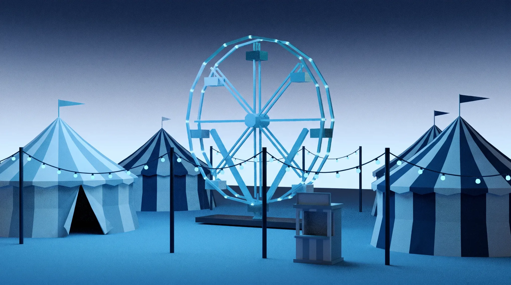 The midway at dusk as a blue miniature: the ferris wheel between striped tents, strings of bulbs, a ticket booth, nobody about.